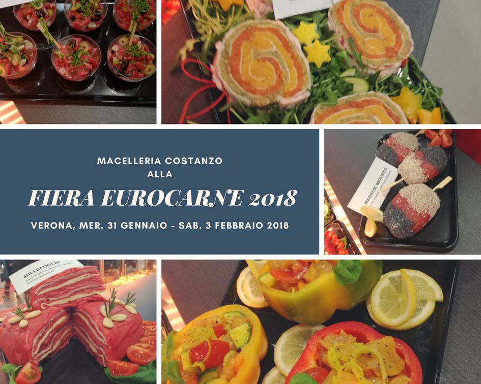 Collage di foto. Esposizione dei piatti preparati dallo Staff della Macelleria Costanzo in occasione della Fiera Eurocarne 2018
