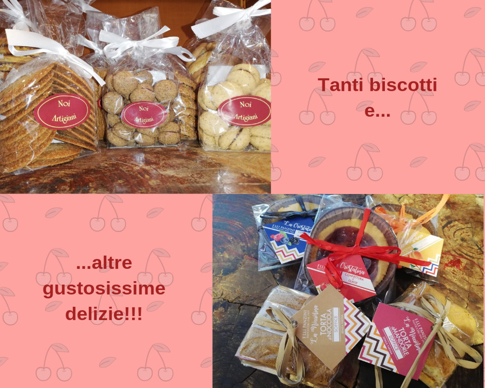 Collage di foto dei nuovi prodotti che si possono trovare a scaffale nella Macelleria Costanzo: biscotti, crostatine e piccole torte
